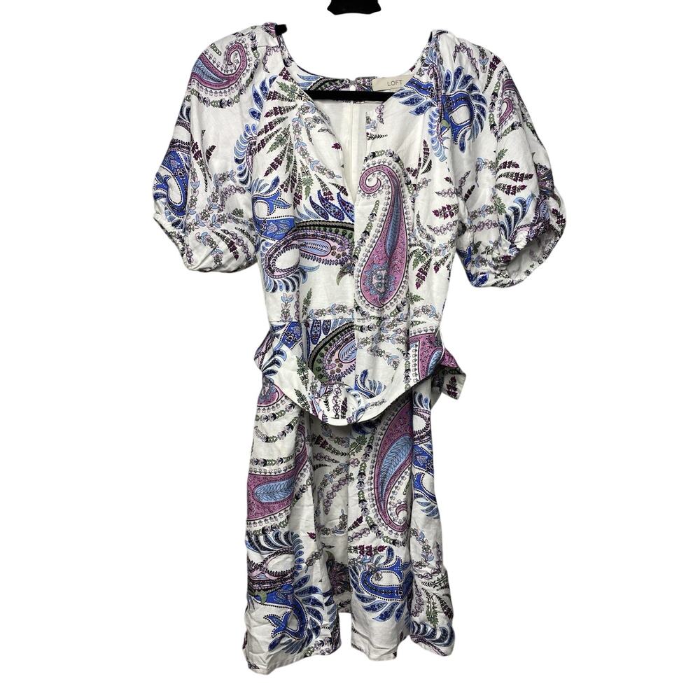 LOFT Paisley Linen Blend Belted Puff Sleeve Dress Women's 4 A-Line Mini NWT